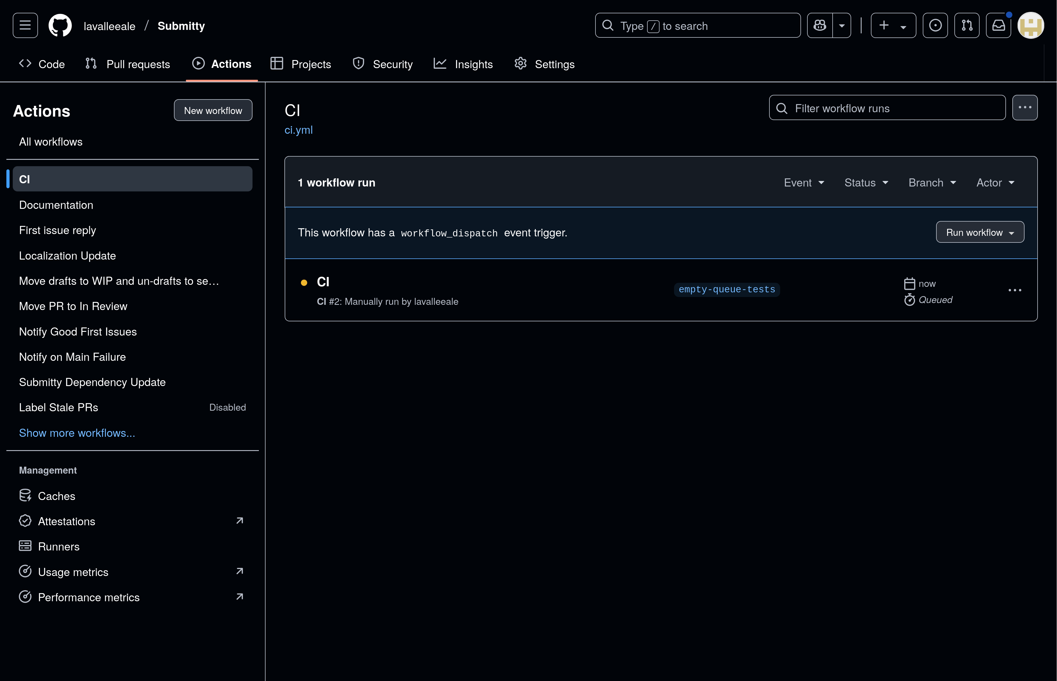 GitHub UI to view workflow run