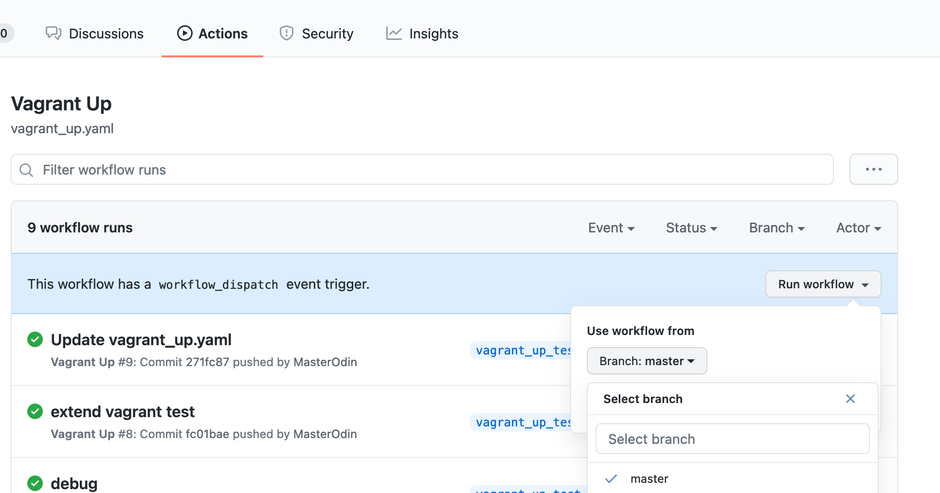 GitHub UI to manually trigger a Vagrant Up workflow